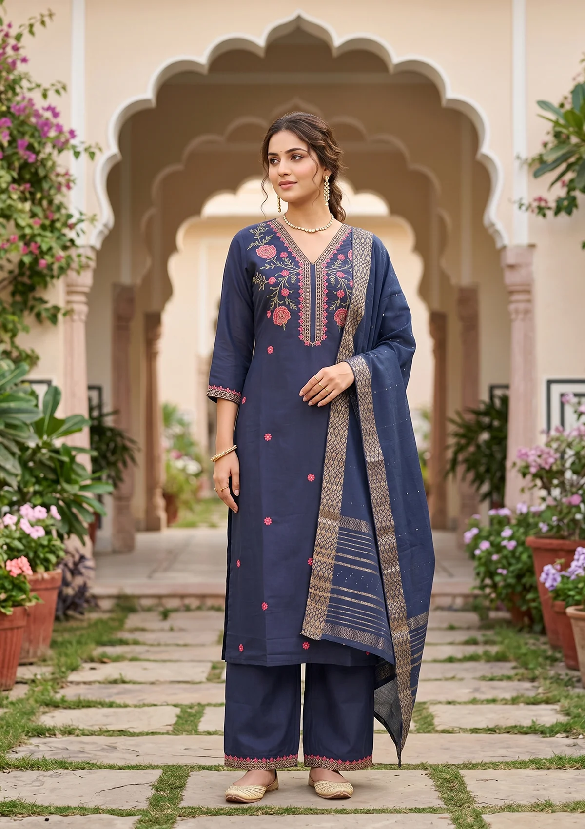 Navy Blue Art Silk Threadwork Straight Kurta With Pant Regular And Dupatta